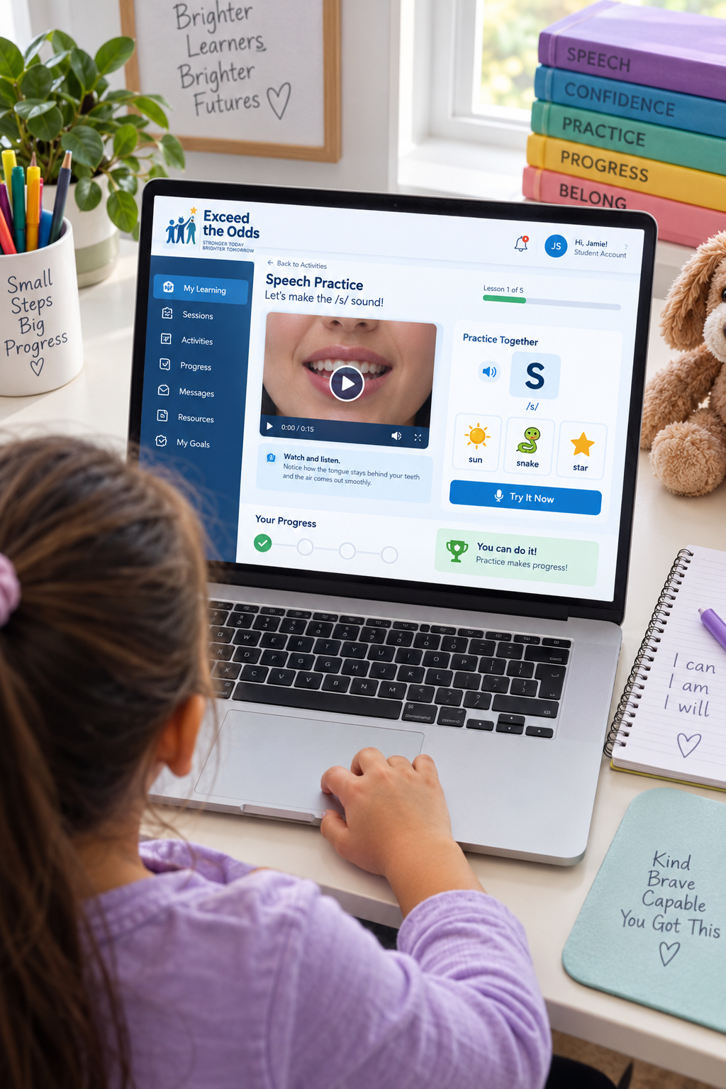 A child practices speech sounds on a laptop at home